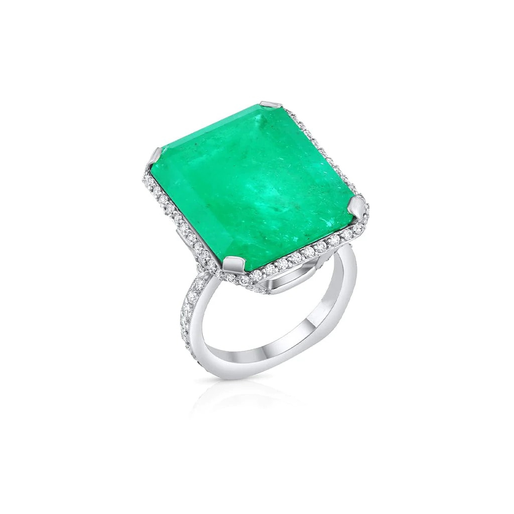 14ct Halo Emerald-Cut Emerald Engagement Ring | SayaBling