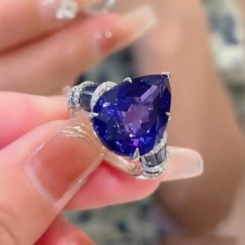 5.4ct Pear Cut Blue Sapphire Engagement Ring | SayaBling