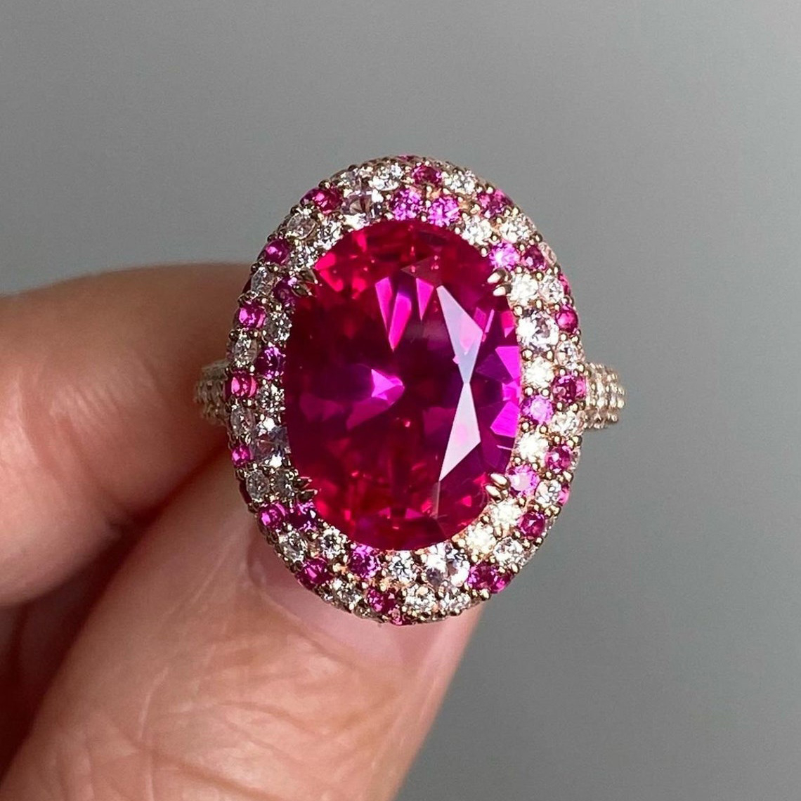 5.8ct Oval Cut Fuchsia Pink Sapphire Paved Cocktail Ring