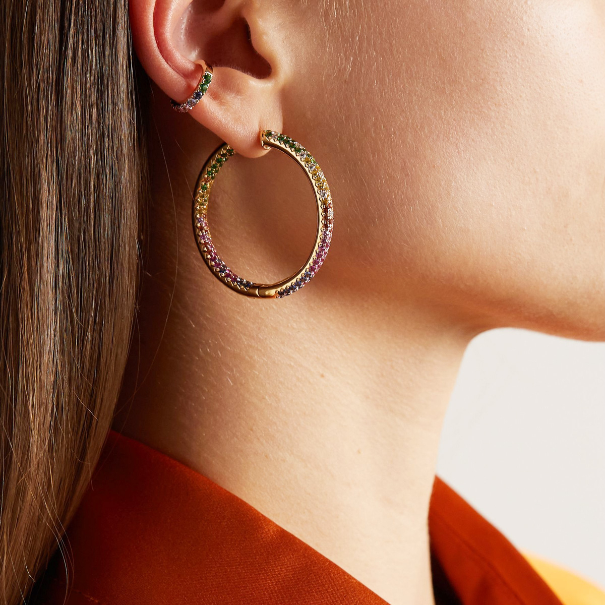 HOOPYでございます 6.5ctw Multicolor Sapphire Paved Rainbow Hoop Earrings