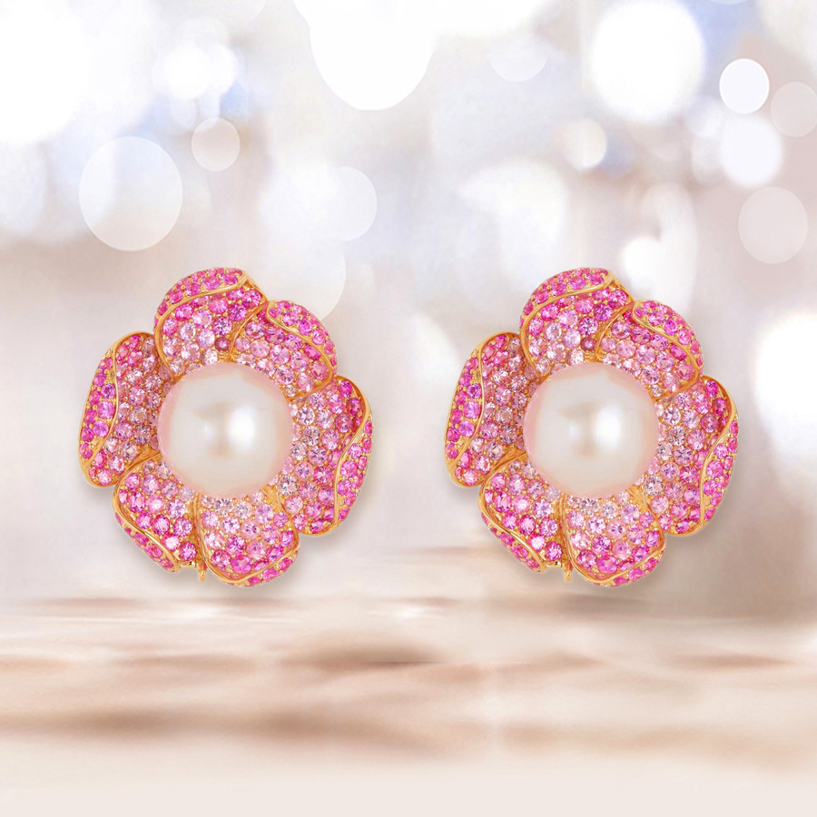 8MM Pearl 12ctw Pink Blossom Statement Stud Earrings | SayaBling