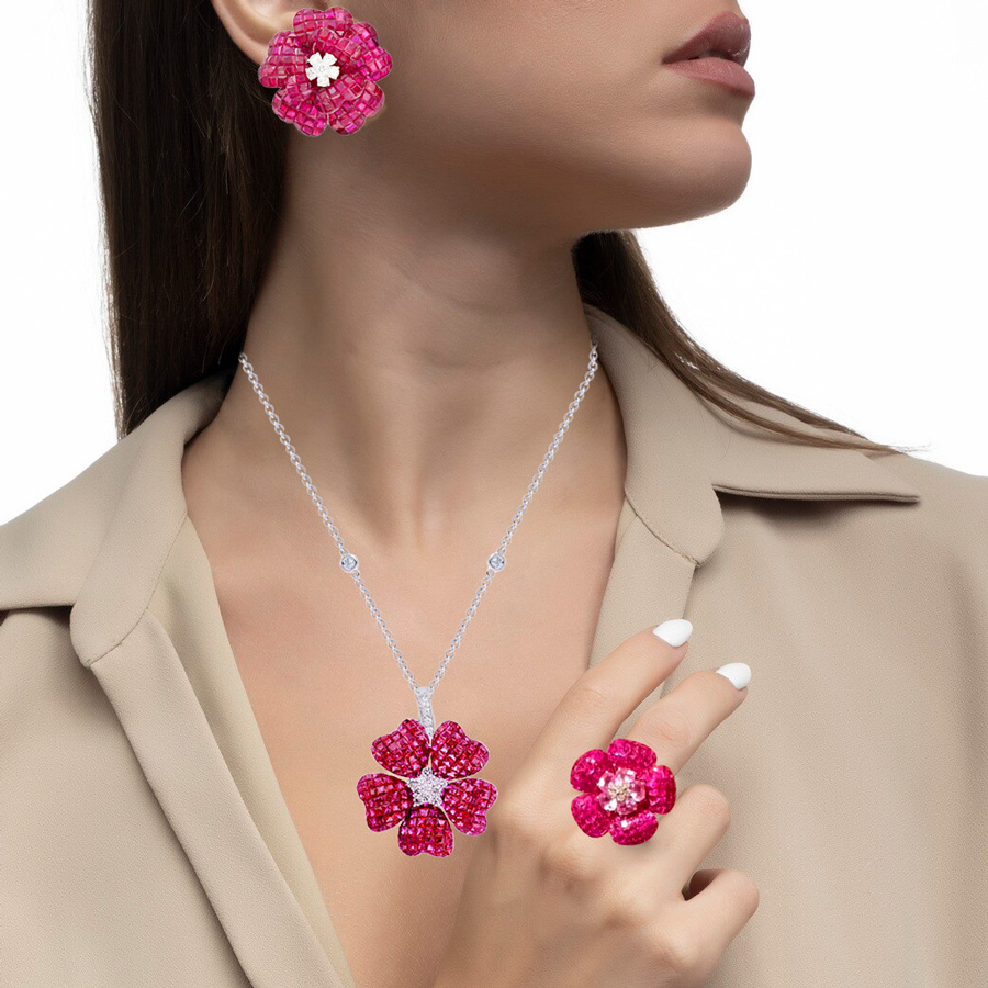 置物 Ruby Invisible-set Ruby Flower Three-Piece Vintage Jewelry Set | SayaBling