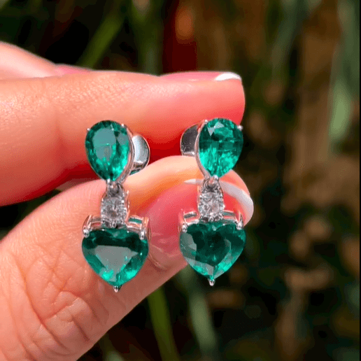 9.5ctw Heart and Pear Cut Emeralds Drop Earrings SayaBling