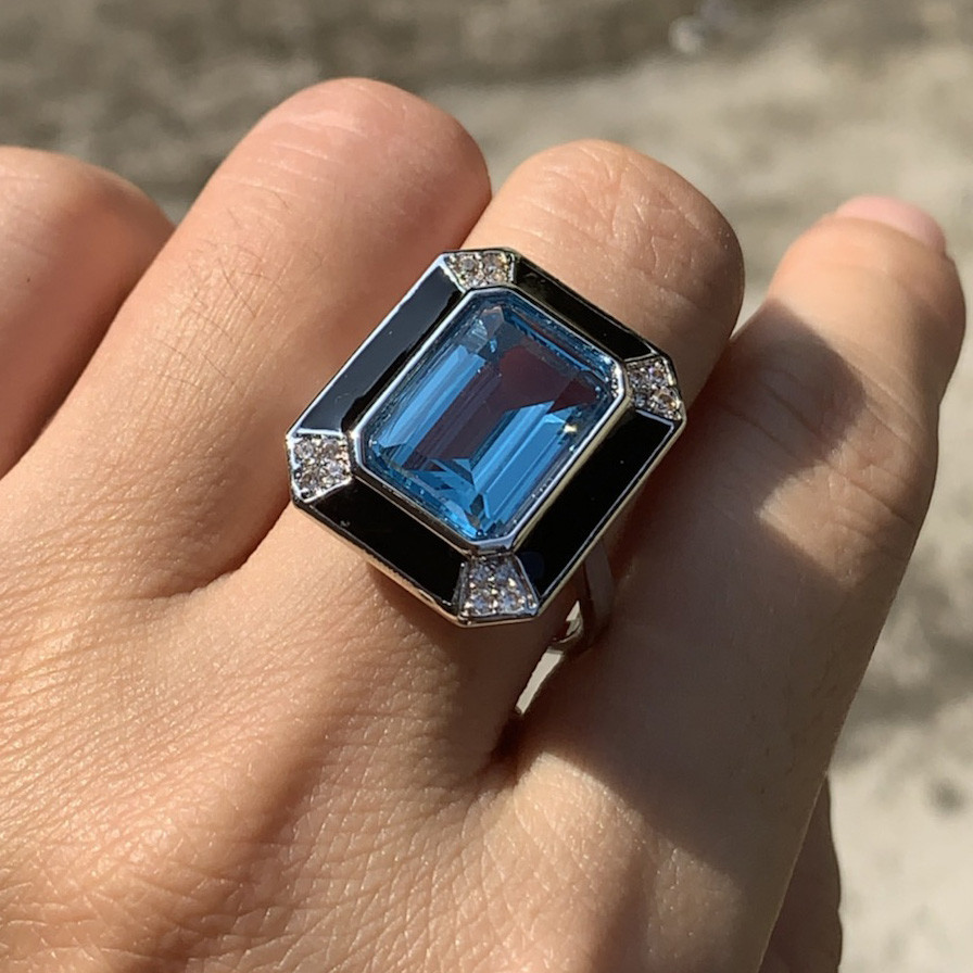 8.4ct Emerald Cut London Blue Topaz Engagement Ring