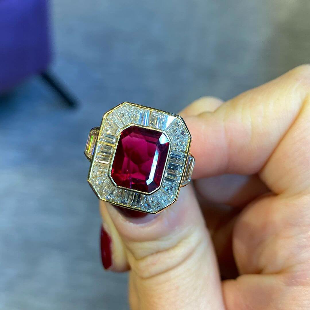 11.5ct Halo Emerald Cut Ruby Engagement Ring SayaBling