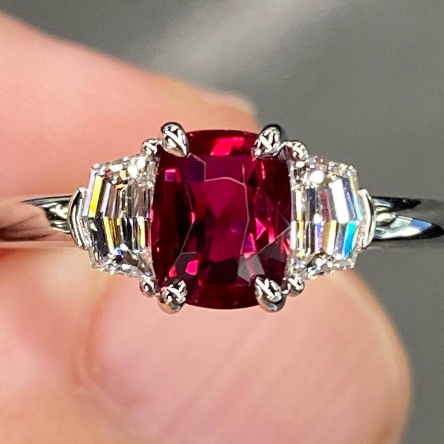 2ct Three-stone Cushion Cut Ruby Engagement Ring | SayaBling Jewelry