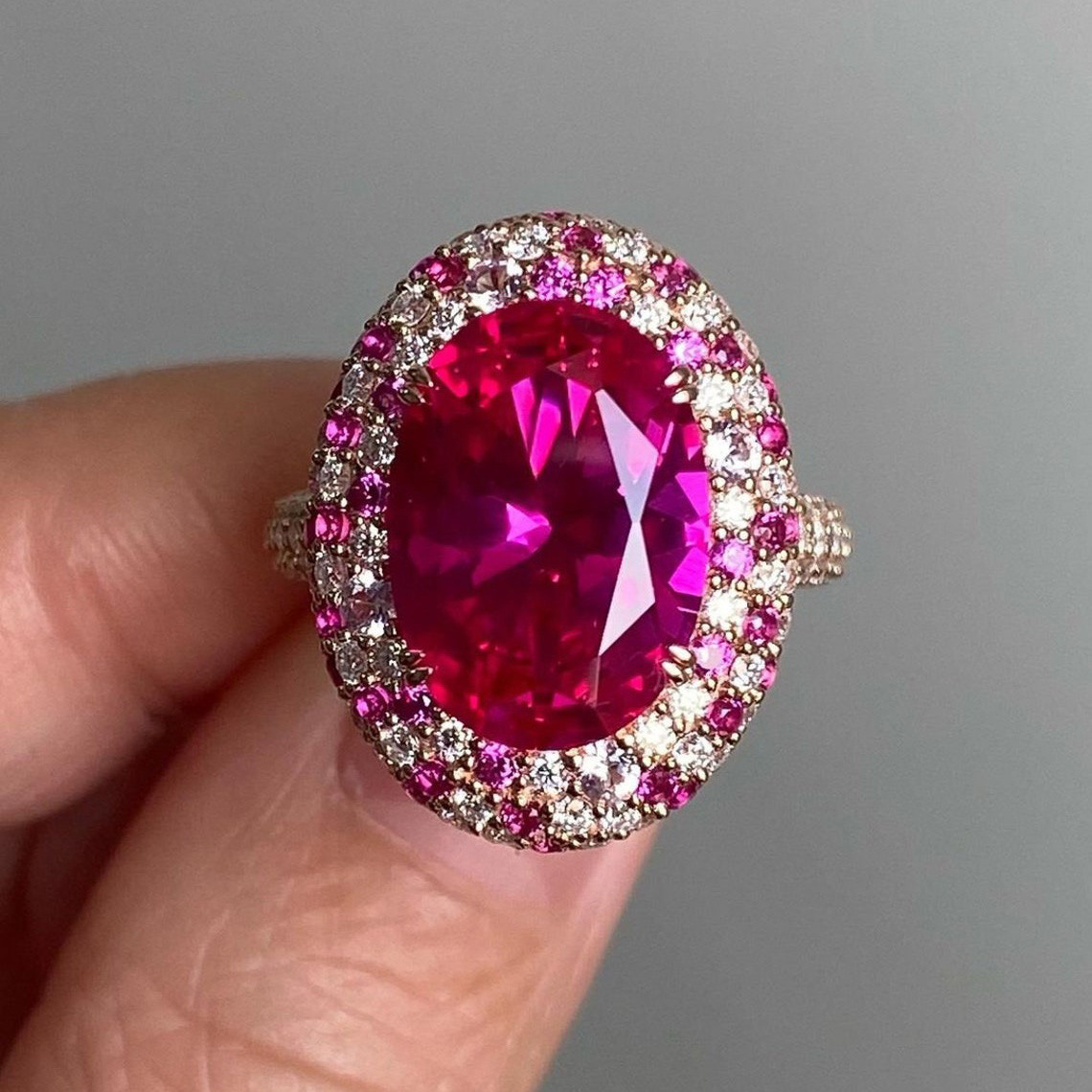 ☆nff☆ pink catseye ring nff1 5.8ct Oval Cut Fuchsia Pink Sapphire Paved Cocktail Ring
