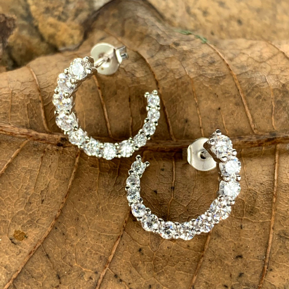 Round Cut White Sapphire Crescent Stud Earrings | SayaBling Jewelry