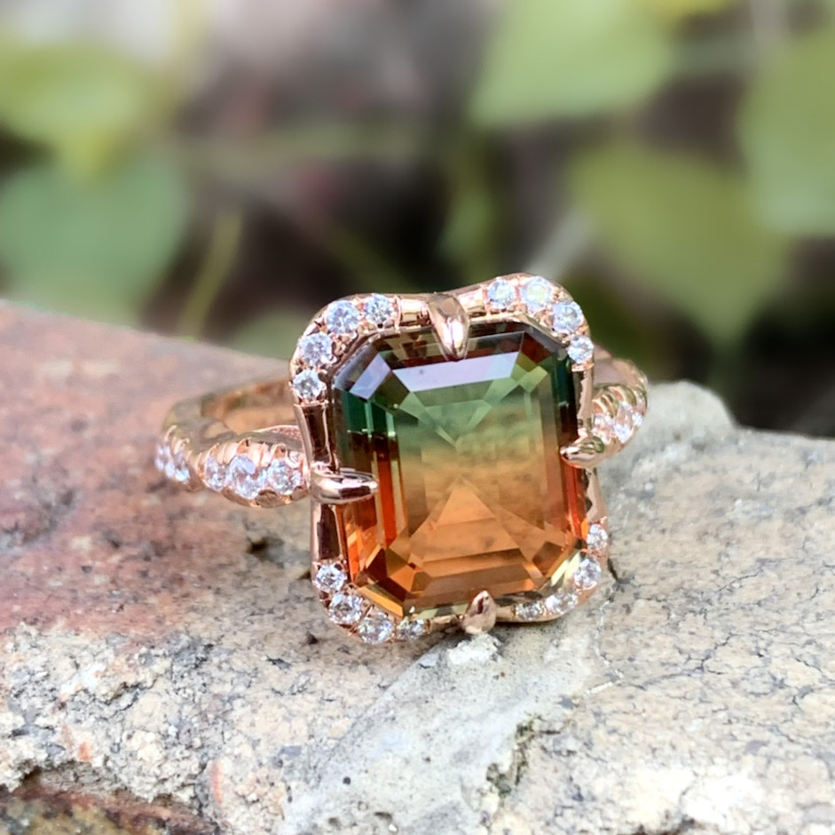 Emerald cut discount watermelon tourmaline ring