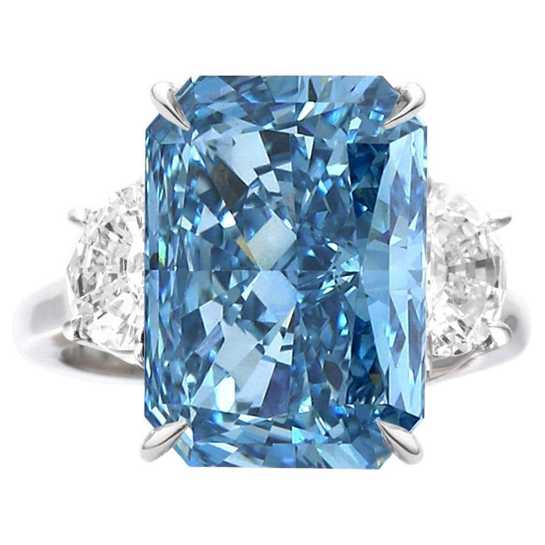 10ct Fancy Intense Blue Radiant Cut Diamond Ring for Women in Sterling