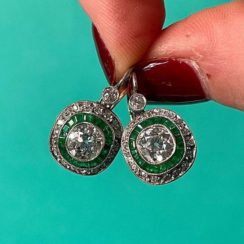 Art Deco Created Emerald Sapphire Target Drop Earrings SayaBling