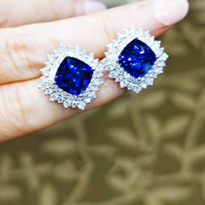 10CTW Halo Cushion Cut Sapphire Stud Earrings | SayaBling Jewelry