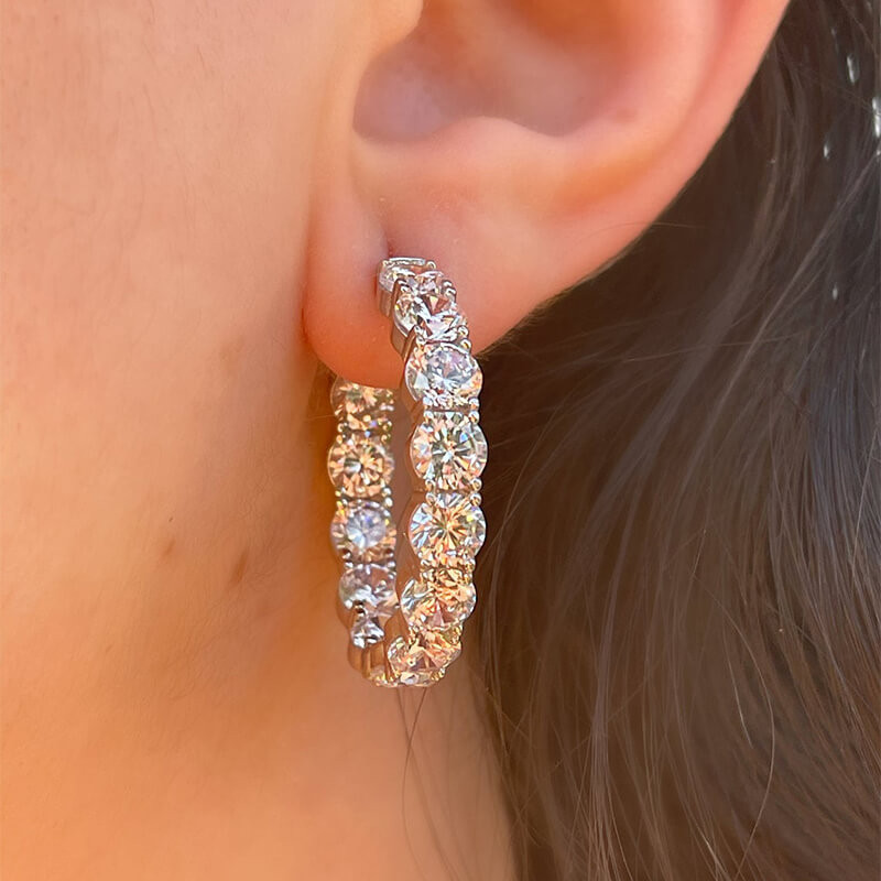 Round Cut White Sapphire Hoop Earrings in Sterling Silver SayaBling