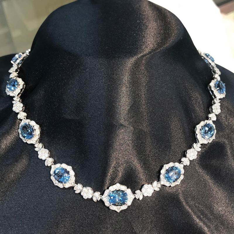 Oval Cut Aquamarine Flower Design Necklace | SayaBling Jewelry