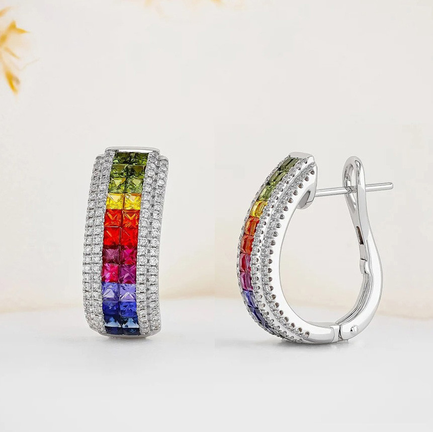 Princess Cut Rainbow Sapphire Hoop Earrings SayaBling Jewelry