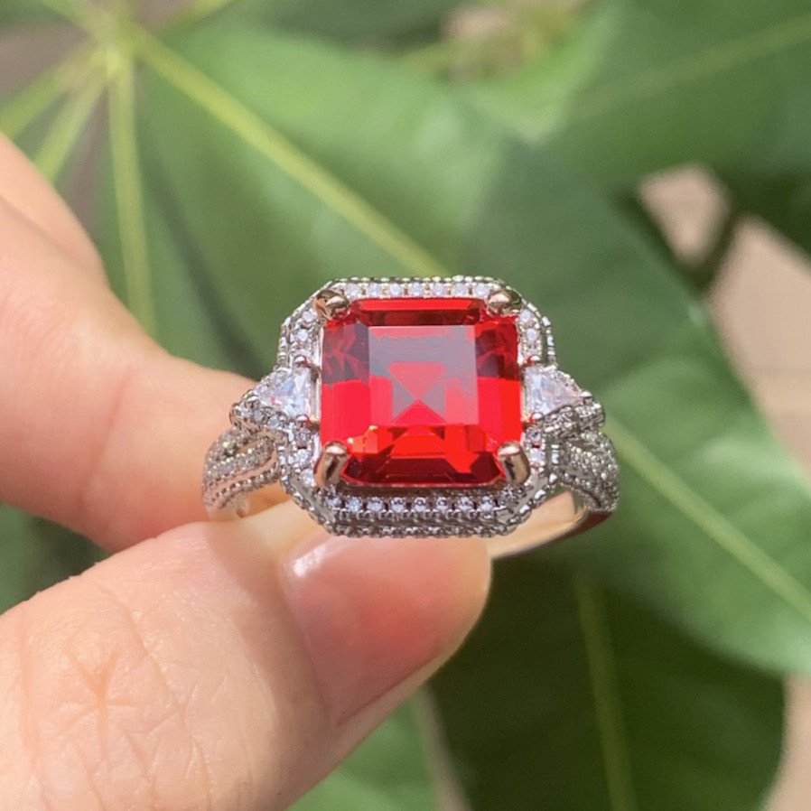 4ct Asscher Cut Ruby Three Stone Engagement Ring | SayaBling