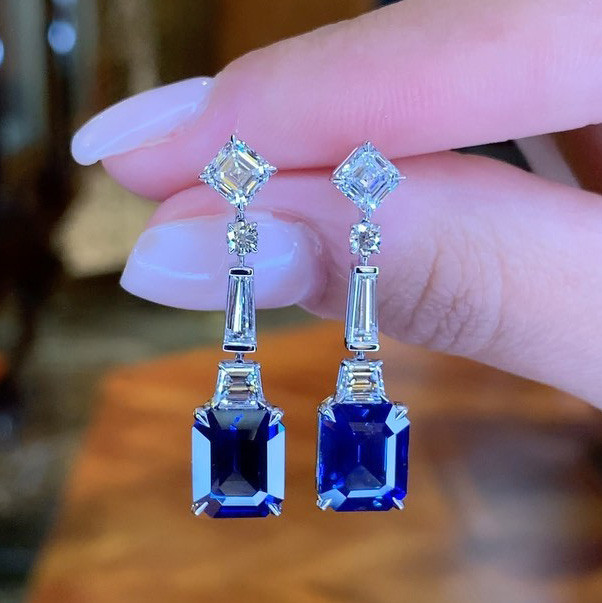 10.5ct Emerald Cut Blue Sapphire Drop Earrings SayaBling Jewelry