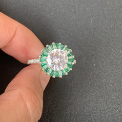 3ct Round Cut White Sapphire Emerald Halo Engagement Ring