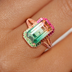 6.2ct Emerald Cut Bicolor Tourmaline Engagement Ring