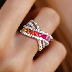 Pincess Cut Multicolor Sapphire Rainbow Cocktail Ring