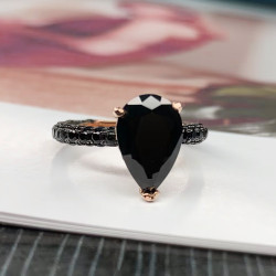 3ct Pear Cut Black Sapphire Three Sided Band Engagement Ring