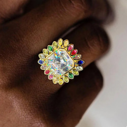 9.5ct Asscher Cut Halo Rainbow Sapphire Firework Cocktail Ring