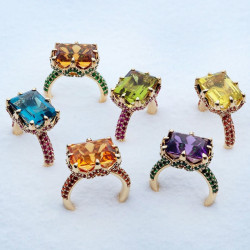 8ct Emerald Cut Multicolor Sapphire Paved Cocktail Ring