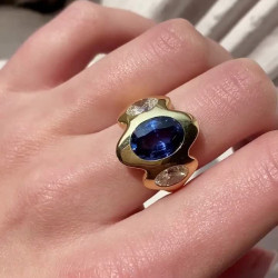 Oval Cut Tanzanite Blue Sapphire Fluid Edge Cocktail Ring