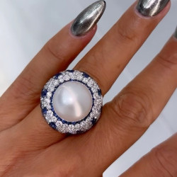 Pearl and Blue Sapphire Paved Bold Cocktail Ring