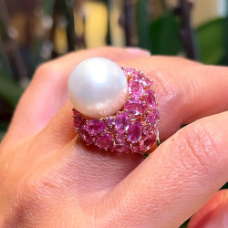 15MM Pearl and Fuchsia Pink Sapphire Bold Cocktail Ring