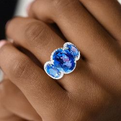 8ctw Oval Cut Blue Sapphire Halo Three Stone Engagemnet Ring