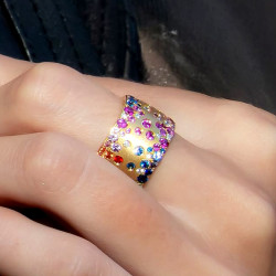 Flush Set Multicolor Sapphire Wide Starry Band Rainbow Ring