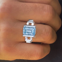 5.3ct Emerald Cut Aquamarine Mechanical Men's Ring