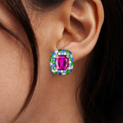 12ctw Cushion Cut Fuchsia Sapphire Halo Stud Earrings