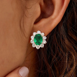 11.6ctw Oval Cut Emerald Halo Stud Earrings