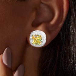 8ctw Cushion Cut Yellow Sapphire Paved Halo Stud Earrings