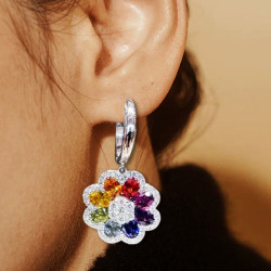 Rainbow Sapphire Flower Drop Earrings