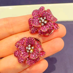 10ctw Fuchsia Sapphire Paved Bloom Flower Earrings