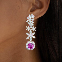 12ctw Cushion Cut Fuchsia Sapphire Statement Flower Earrings