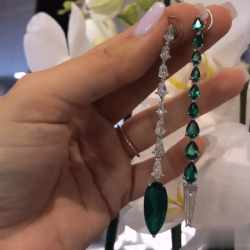 3.95ct Mismatch Shield Cut Emeralds White Sapphire Drop Earrings