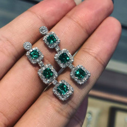 7.2ct Radiant Cut Green Sapphire Halo Drop Earrings