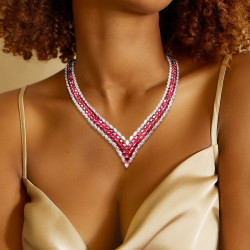 65ctw White Sapphire and Oval Cut Ruby Two-row V Necklace