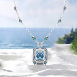 14ct Halo Emerald Cut Aquamarine Pendant Necklace
