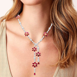 42ctw White Sapphire and Ruby Flower Statement Necklace