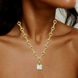 6ct Bezel Emerald Cut Pendant Chain Link Necklace
