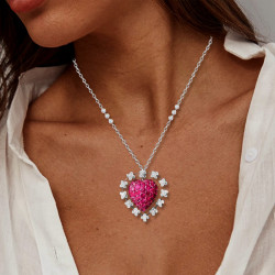 8ctw Ruby and White Flower Halo Heart Necklace