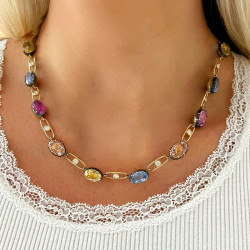 47ctw Oval Cut Multicolor Sapphire Link Necklace