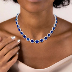 35ctw Oval Cut Royal Blue Sapphires Halo Statement Necklace