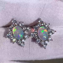 Vintage Halo Oval Cut White Opal Stud Earrings