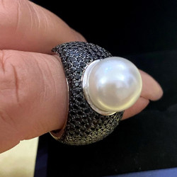 Black Sapphire Paved Pearl Cocktail Ring